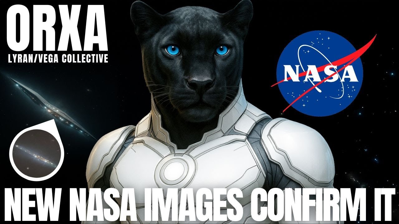 插图描绘了人形外星人 Orxa，配有 NASA 图像和宇宙背景，出现在一篇关于 3I Atlas 和 Lyran 使者传输的帖子中。