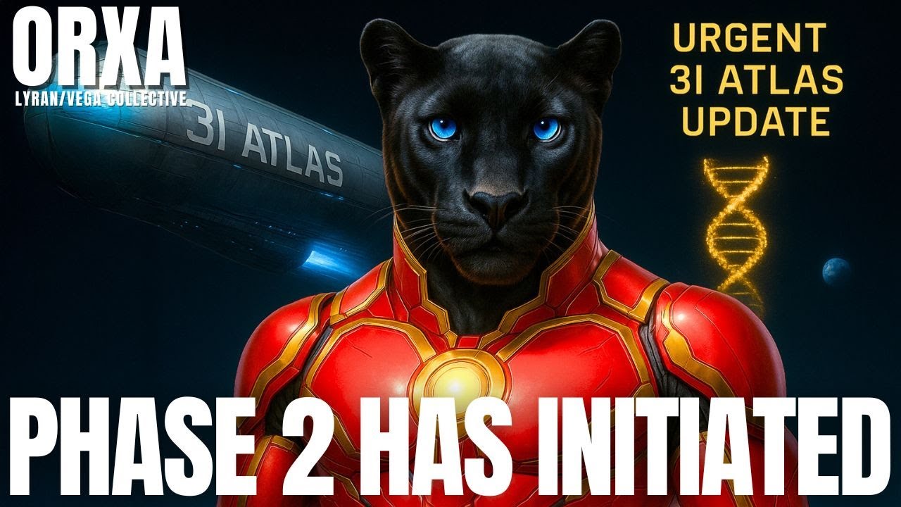A cosmic Lyran being known as Orxa stands in radiant light-body form as an urgent 3I Atlas update appears beside him. The image shows glowing DNA strands, plasma fire patterns, and the words “Phase 2 Has Initiated,” symbolizing the activation of the Comet 3I Atlas corridor, the ignition of the unity field, and the collapse of old Earth paradigms. Dark starfield background with luminous feline features highlights ascension, identity-shift, and multidimensional awakening themes.