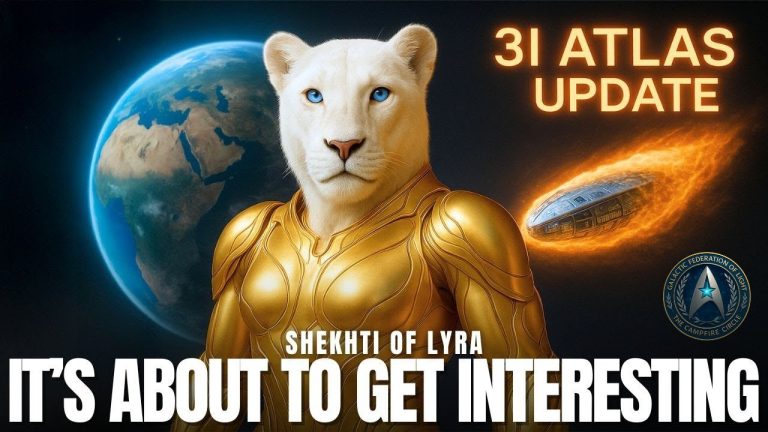 Golden Lyran being Shekhti stands before Earth with a blazing comet marked “3I Atlas Update,” symbolizing humanity’s first-contact awakening.