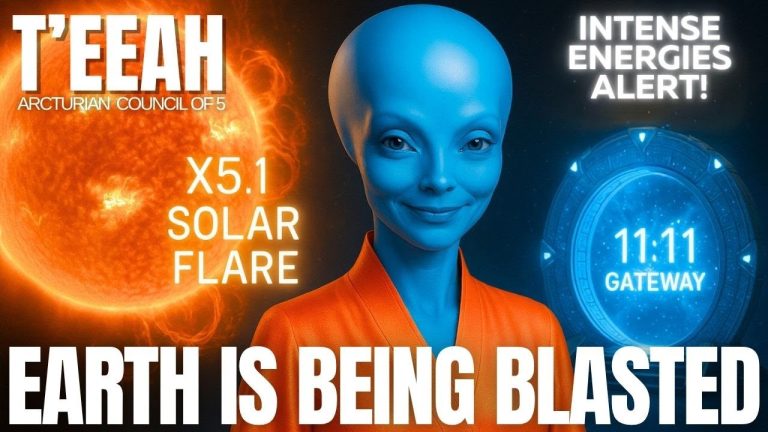Arcturian being T’eeah delivers a cosmic geomagnetic storm alert during the 11:11 solar flare window. The image shows a radiant blue-skinned Arcturian in a green robe with the text ‘Earth Is Being Blasted – X5.1 Solar Flare – Intense Energies Alert – 11:11 Window’ against a futuristic light-chamber background.
