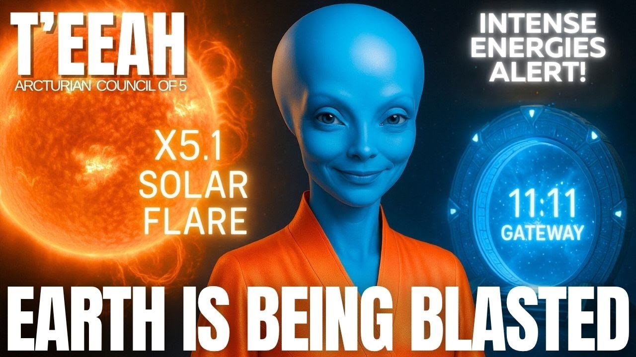 El ser arcturiano T&#39;eeah emite una alerta de tormenta geomagnética cósmica durante la ventana de la llamarada solar 11:11. La imagen muestra a un arcturiano radiante de piel azul con una túnica verde y el texto «La Tierra está siendo atacada – Llamarada solar X5.1 – Alerta de energías intensas – Ventana 11:11» sobre un fondo futurista de cámara de luz.