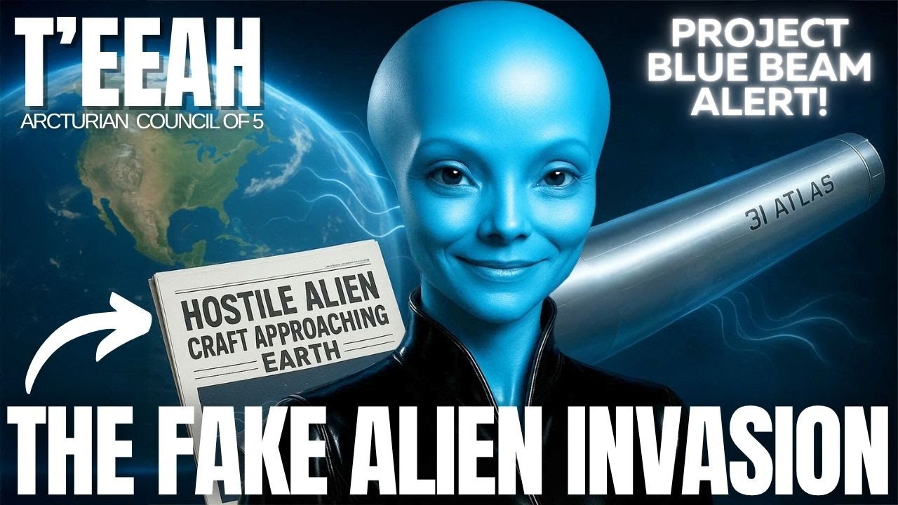 Blauhäutiger Arkturianer namens T&#39;EEAH in einer leuchtend weißen Kammer, Nachrichtentext mit der Aufschrift „Die vorgetäuschte Alien-Invasion – Projekt Blue Beam enthüllt“.