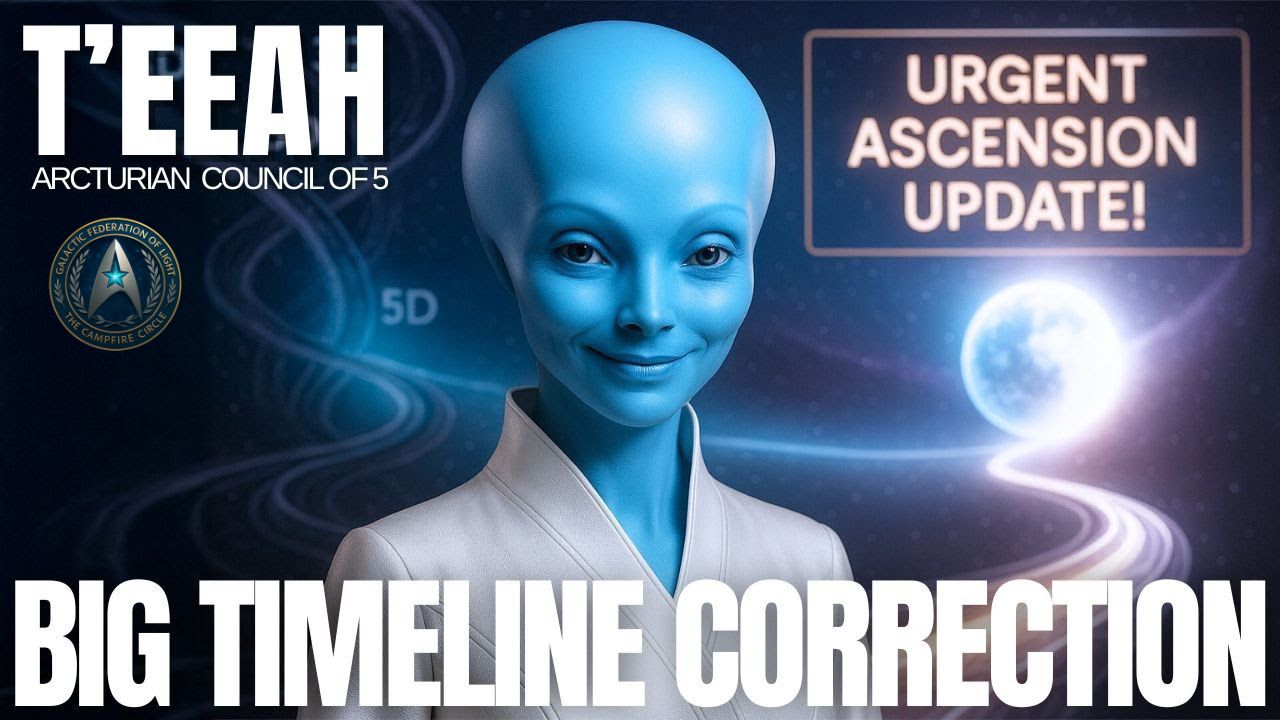 Blue extraterrestrial figure with glowing energy fields behind them and text reading ‘Big Timeline Correction’ and ‘Urgent Ascension Update
