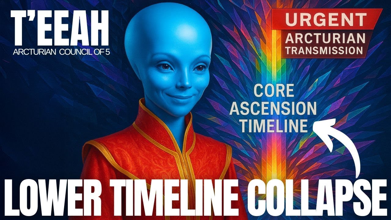 Graphic of a blue-skinned Arcturian being with glowing eyes, surrounded by radiant cosmic light and energetic waves, with bold text “Lower Timeline Collapse” emphasizing the 2025 starseed shift, planetary frequency rise, and activation of the contact timeline.