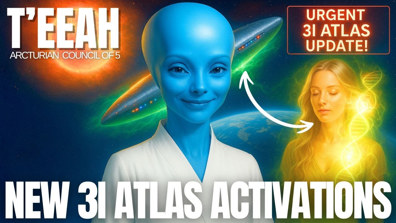 A glowing blue Arcturian being stands before radiant cosmic energy streams as the words “NEW 3i ATLAS ACTIVATIONS” appear below, symbolizing the first ascension wave and the activation of the planetary 3I Atlas grid. The image features solar plasma arcs, multidimensional light currents, and the urgency of a planetary awakening transmission.