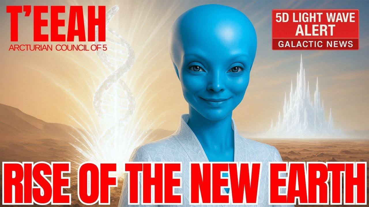 Ein leuchtend blaues arkturianisches Wesen steht vor einem strahlenden goldenen Hintergrund, dessen Lichtstrahlen sich wie ein planetarischer Sonnenaufgang ausbreiten. In kräftigem Rot prangt die Inschrift „Aufstieg der Neuen Erde“, ein Symbol für das Erwachen der Menschheit, die Erweiterung des Bewusstseins und den kollektiven Aufstieg zu Einheit, Frieden und erhöhter spiritueller Schwingung.