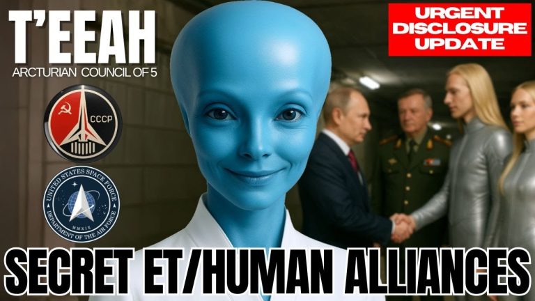 Arcturian being Teeah alongside military officials, representing secret ET–human alliances and urgent multidimensional disclosure themes.