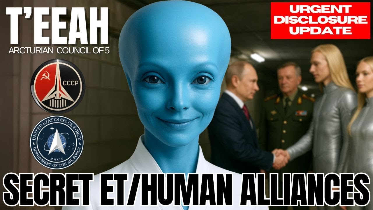 Arcturian being Teeah alongside military officials, representing secret ET–human alliances and urgent multidimensional disclosure themes.