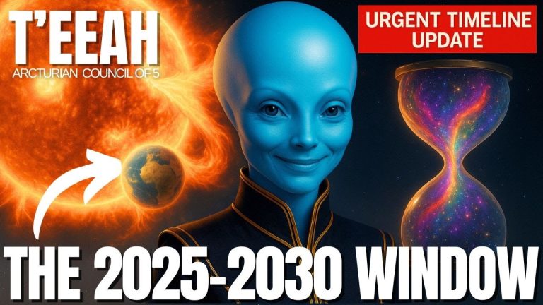 Arcturian being Teeah with glowing blue skin beside a solar flare and cosmic hourglass, illustrating “The 2025–2030 Window” timeline acceleration and disclosure graphic.