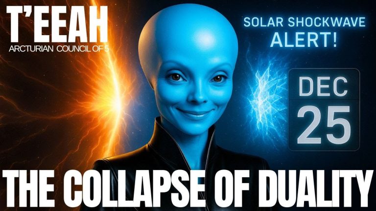 Arcturian messenger Teeah with glowing blue aura beside solar shockwave imagery and December 25 date marker, representing the collapse of duality, solar wave activations, and the December ascension corridor.
