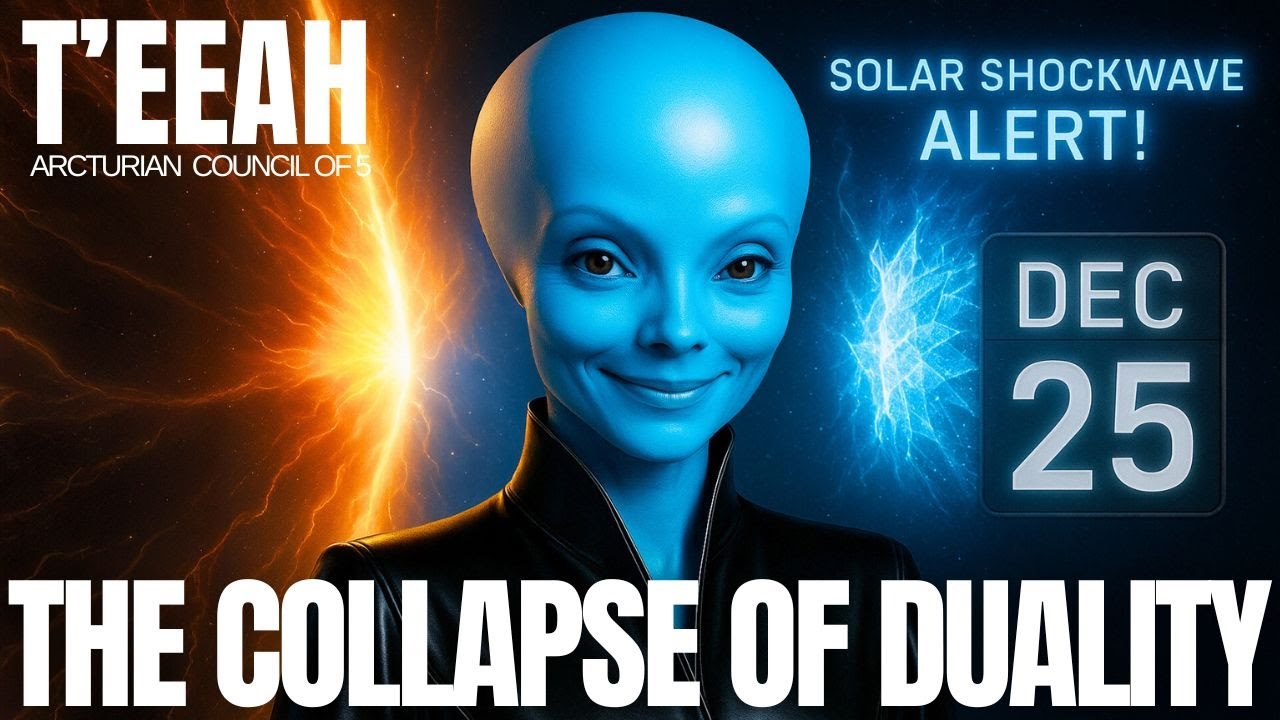Arcturian messenger Teeah with glowing blue aura beside solar shockwave imagery and December 25 date marker, representing the collapse of duality, solar wave activations, and the December ascension corridor.