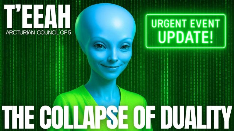 Green Arcturian being Teeah with glowing matrix background and “The Collapse of Duality” title banner — Arcturian Ascension Transmission 2025, 5D shift, final phase awakening message