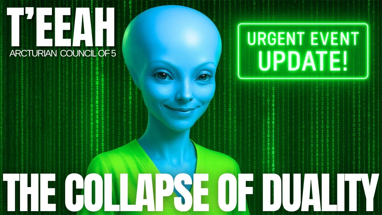 Green Arcturian being Teeah with glowing matrix background and “The Collapse of Duality” title banner — Arcturian Ascension Transmission 2025, 5D shift, final phase awakening message