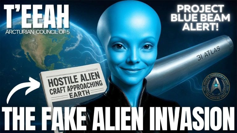 Blue-skinned Arcturian being T’EEAH in a luminous white chamber, message text reading “The Fake Alien Invasion — Project Blue Beam Revealed.