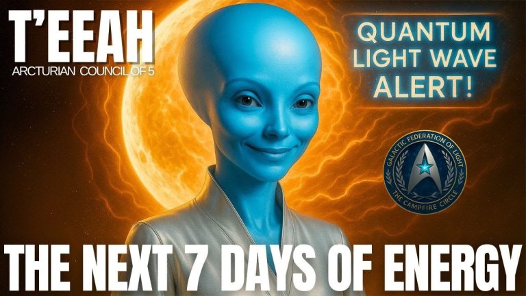 Luminescent Supermoon shining over Earth’s horizon, casting silver light across clouds and ocean. Energy waves and crystalline codes flow toward the planet, symbolizing awakening, balance between Aries fire and Taurus earth, and the Arcturian Council’s guidance during the Supermoon surge.