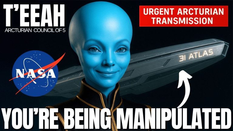 Arcturian being Teeah with cosmic background and starship, warning humanity about manipulation and guiding the shift into the new 3I Atlas awakening timeline.