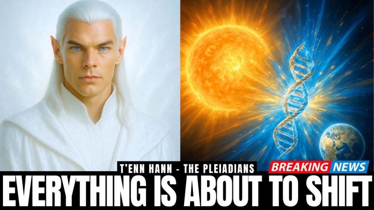 A high-resolution ascension graphic showing a white-haired cosmic guide beside a radiant golden sun activating a luminous blue human energy body, with bold text saying “EVERYTHING IS ABOUT TO SHIFT,” symbolizing unity consciousness, spiritual awakening, deep deconditioning, illumination, and the path from the conditioned mind to the unbroken self in 2025.