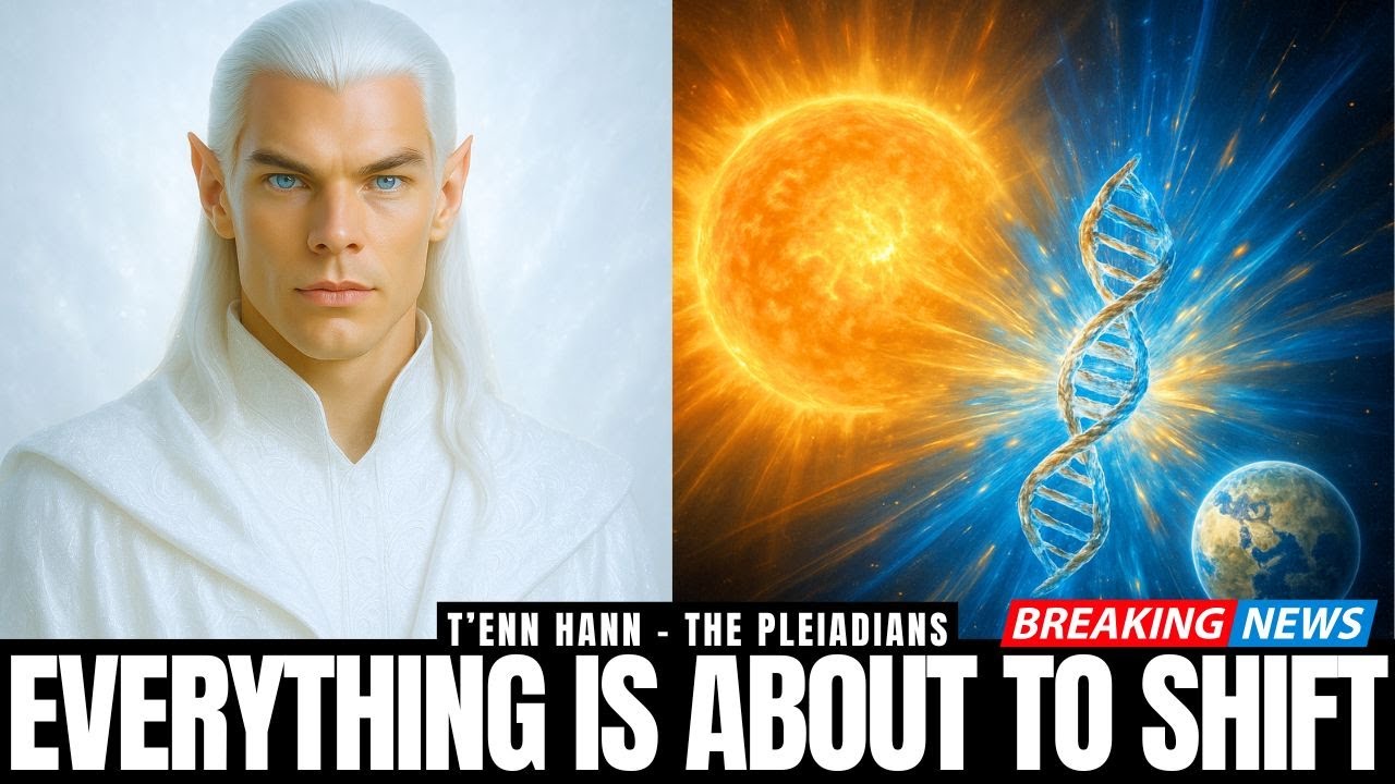 A high-resolution ascension graphic showing a white-haired cosmic guide beside a radiant golden sun activating a luminous blue human energy body, with bold text saying “EVERYTHING IS ABOUT TO SHIFT,” symbolizing unity consciousness, spiritual awakening, deep deconditioning, illumination, and the path from the conditioned mind to the unbroken self in 2025.