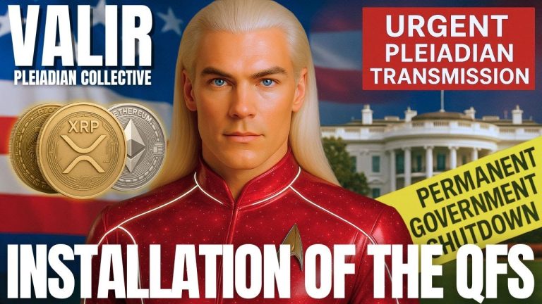 Pleiadian commander Valir delivering an urgent transmission on the Installation of the QFS, featuring a golden-emblem header and cosmic background.