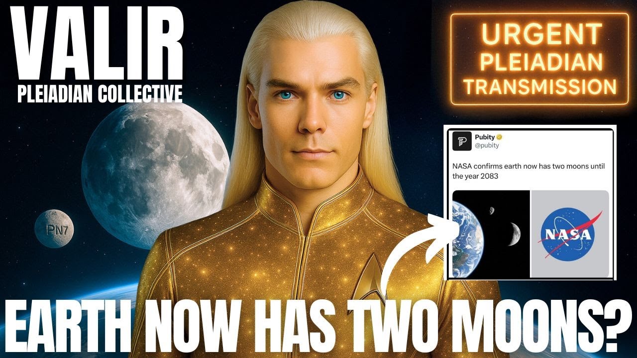 Valir the Pleiadian stands before two moons over Earth, presenting a transmission about the sudden appearance of a second moon and the awakening of human consciousness.