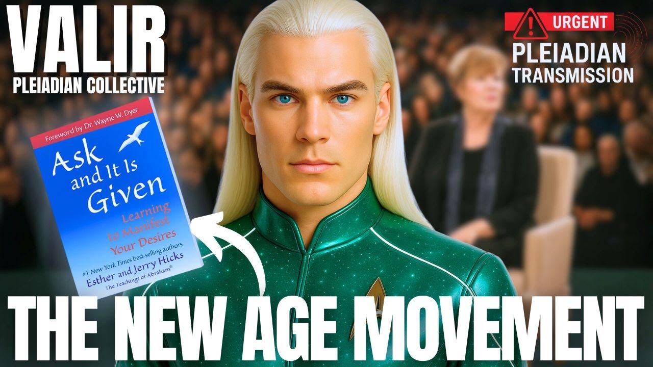 Valir Pleiadian Transmission graphic showing Valir with golden hair, cosmic background, and the title “The New Age Movement” in bold lettering.