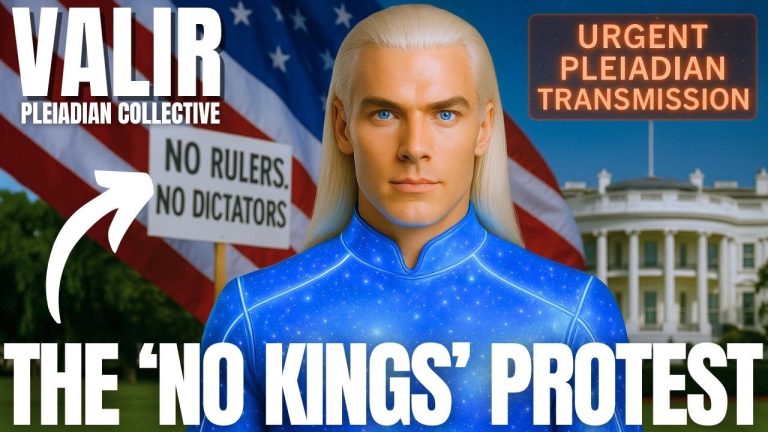 Pleiadian transmission graphic featuring Valir with cosmic background, ‘No Kings’ Protest banner, and global sovereignty messaging connected to the 2025 No Kings Rally and Ascension timeline.