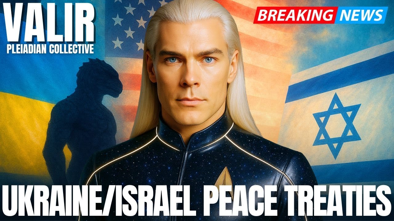 Valir Pleiadian emissary delivering a message about Ukraine–Israel peace deals, global ceasefires, and the hidden ascension timeline; cosmic background with flags, starseed themes, and breaking-news style design.