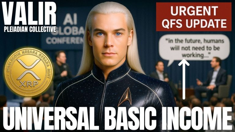 Pleiadian emissary Valir delivering an ascension update on universal basic income, hidden advanced technologies, QFS financial transition, post-scarcity civilization, and humanity’s Star Trek future; cosmic graphic with Valir portrait, gold quantum currency symbol, and urgent QFS update banner.