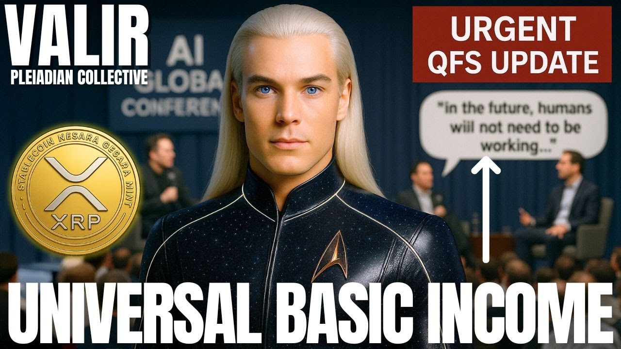 Pleiadian emissary Valir delivering an ascension update on universal basic income, hidden advanced technologies, QFS financial transition, post-scarcity civilization, and humanity’s Star Trek future; cosmic graphic with Valir portrait, gold quantum currency symbol, and urgent QFS update banner.