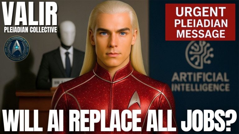 Pleiadian emissary Valir beside an AI figure, with the headline “Will AI Replace All Jobs?” representing a channeled message about AI, consciousness, and the future of work.