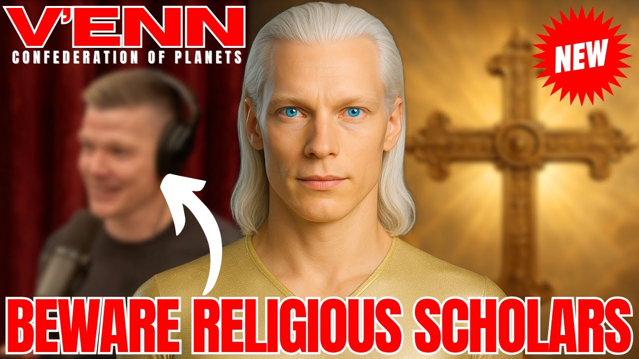 A digital graphic featuring a humanoid extraterrestrial figure with long white hair standing before a golden religious cross, with bold red text reading “Beware Religious Scholars,” and a shadowed human figure in the background. The image visually represents themes of spiritual distortion, hidden manipulation, and the influence of external forces on global religious systems.