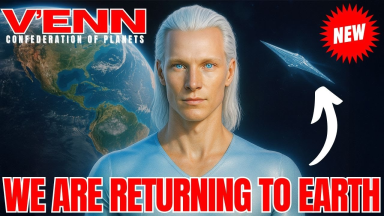 Illustration of Venn, a Pleiadian High Council figure, standing before Earth with spacecraft imagery and the title ‘We Are Returning to Earth’ in bold red text.