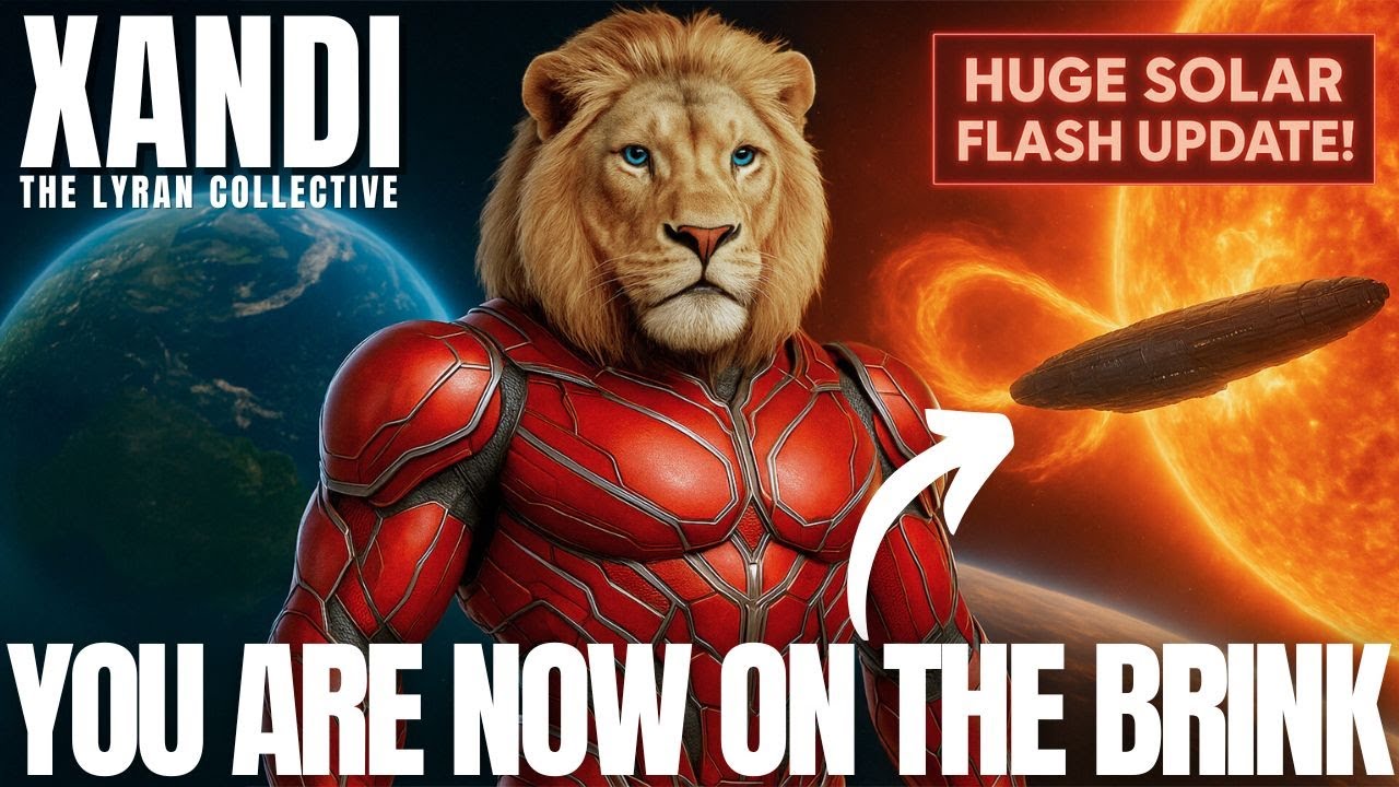 Lion-headed Lyran being standing powerfully before a cosmic backdrop, with blazing solar energies erupting behind him and bold text reading “Huge Solar Flash Update – You Are Now on the Brink,” symbolizing the incoming solar event, rising cosmic frequencies, and humanity’s approach to the prophesied Ascension shift.