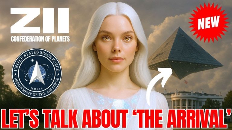 A cosmic-themed image featuring a luminous, humanlike feminine figure with white-blonde hair, set against a mountainous sky backdrop, accompanied by a dark triangular craft and Galactic Federation imagery, with bold text reading “LET’S TALK ABOUT THE ARRIVAL.” High-frequency ascension aesthetics suggest themes of 5D contact, disclosure, and humanity’s awakening.