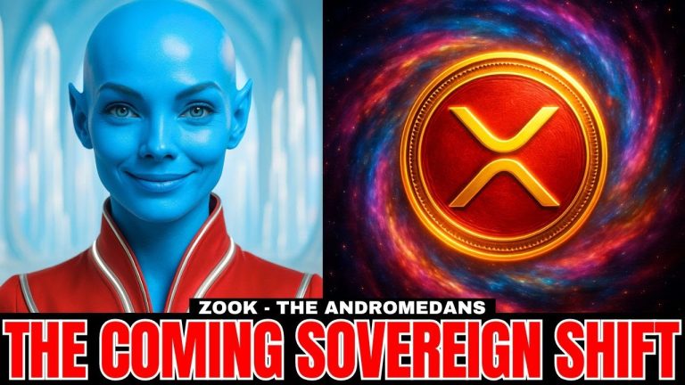 Blue Andromedan being with glowing eyes beside a red-gold sovereign activation symbol, with text reading ‘The Coming Sovereign Shift’ — Galactic Federation transmission image.