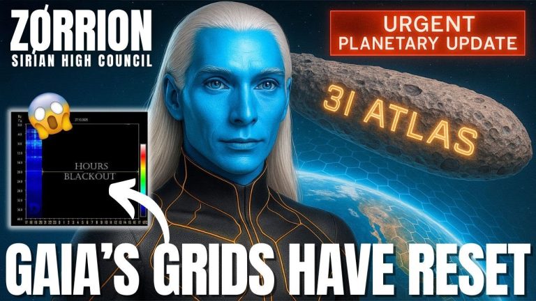 A blue-skinned Sirian being delivering a planetary update about the 3I Atlas solar flash convergence, with a glowing comet streaking past the Sun and the text “Gaia’s Grids Have Reset,” symbolizing Earth’s energetic reboot and the activation of New Earth consciousness.