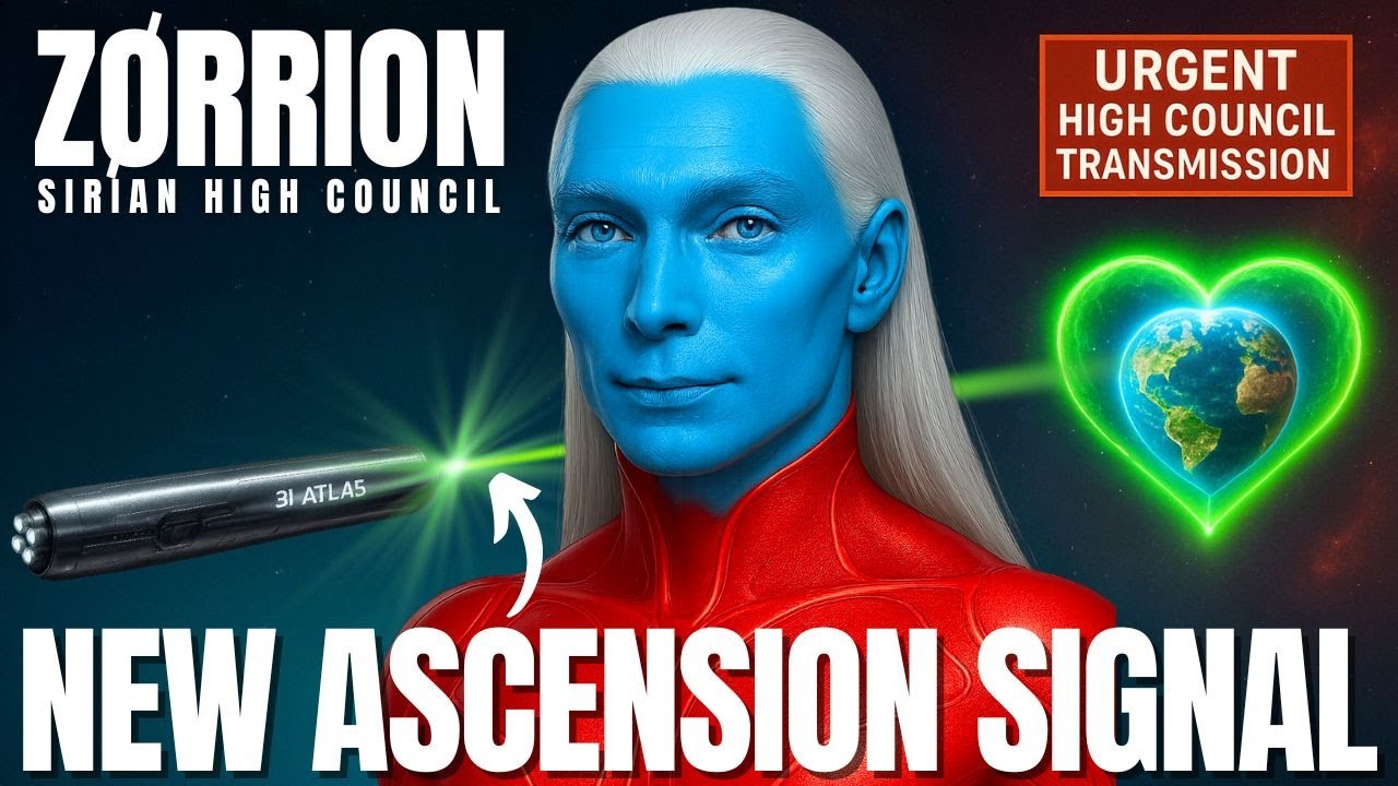 A bright cosmic ascension graphic showing a blue-skinned Sirian being named Zorrion with long white hair, emitting radiant heart-coherence energy. The image includes a glowing green heart-field activation symbol, cosmic light beams, and the bold headline “New Ascension Signal,” indicating an urgent transmission related to Earth’s Ascension timeline, 3I Atlas solar codes, and Sirian guidance for starseeds.