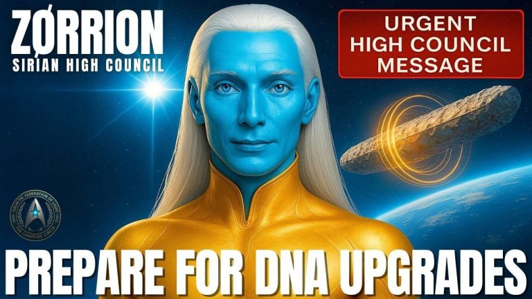 Zørrion of Sirius transmission graphic showing a luminous blue being with silver hair and golden energy waves, titled “Prepare for DNA Upgrades.