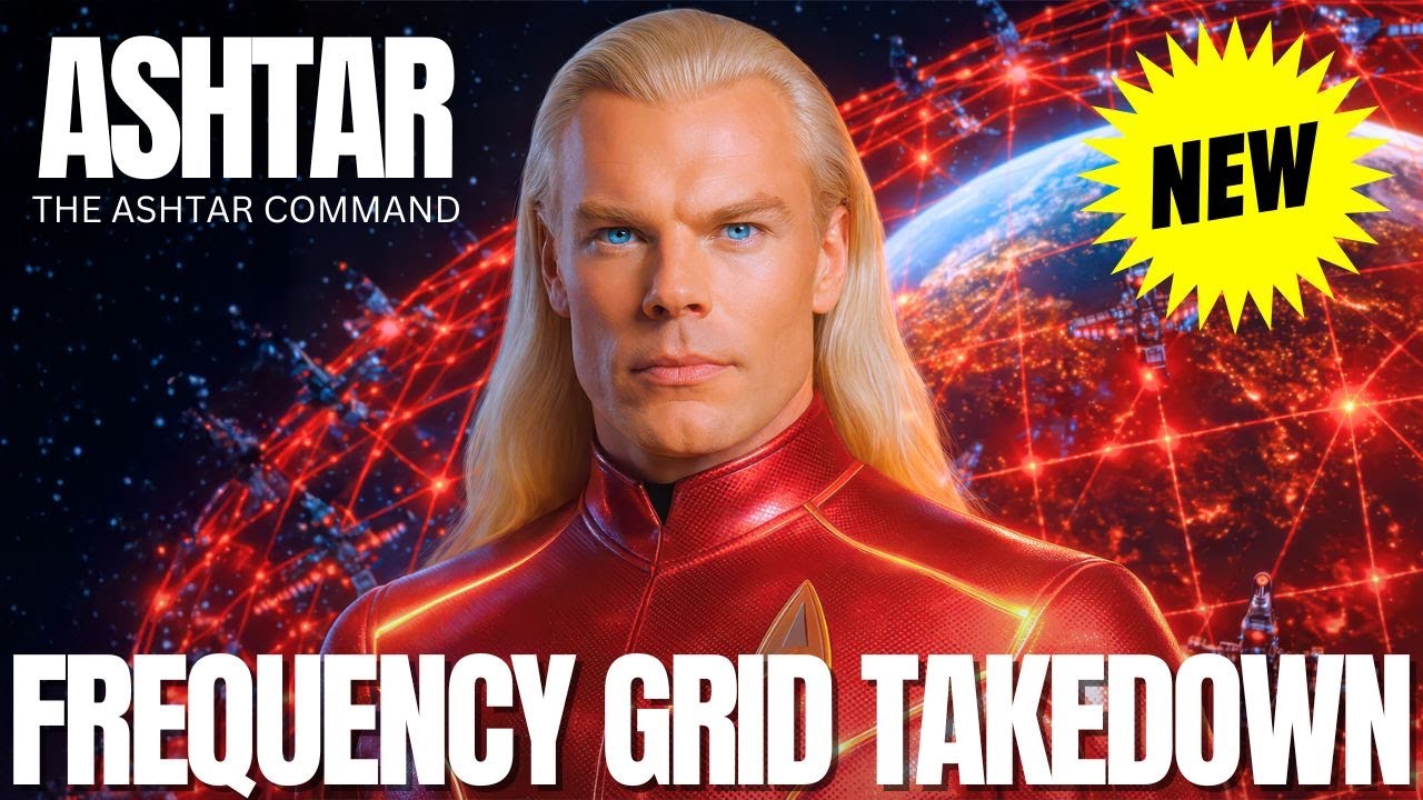 Thumbnail graphic showing Ashtar, a blond, blue-eyed Galactic commander in a red uniform, standing before a glowing red planetary energy grid and stormy space background, with bold text that reads “Ashtar – Frequency Grid Takedown” and a yellow “NEW” burst, visually highlighting the White Hats’ neutralization of the cabal’s frequency warfare grid and the end of social media mind control.