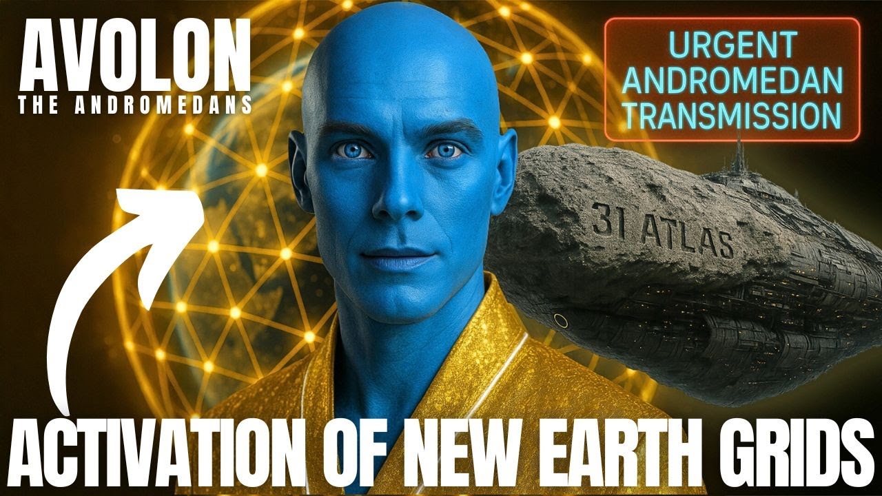Thumbnail image of blue-skinned Andromedan guide Avolon standing before a glowing golden energy grid and Earth, with bold text reading “Avolon – Activation of New Earth Grids,” representing an urgent Andromedan transmission about silent builders, planetary grid activation, DNA lattice codes and planetary convergence.