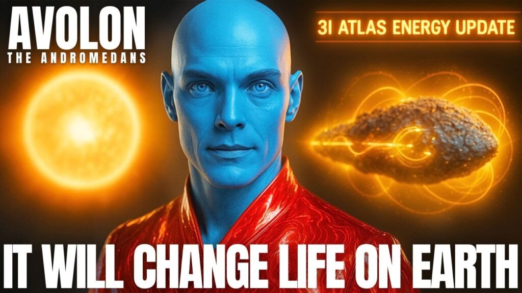 Avolon of the Andromedan Council delivering a powerful 3I Atlas solar energy update, showing the Sun and Atlas exchange plasma light codes that recalibrate Earth’s DNA, timelines, and ascension field; blue Andromedan emissary transmitting cosmic intelligence about the solar gateway, planetary awakening, and humanity’s shift into the New Earth frequency.