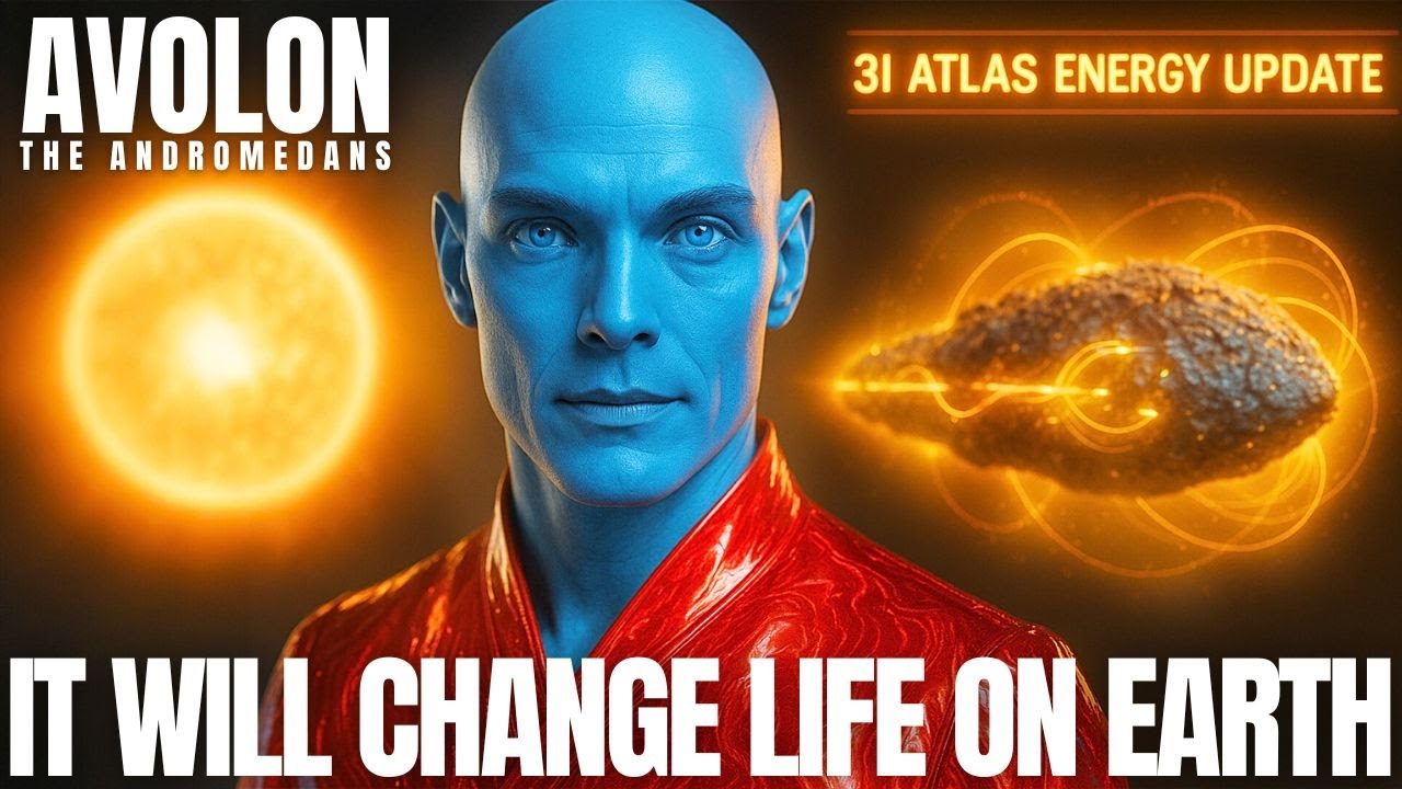 Avolon of the Andromedan Council delivering a powerful 3I Atlas solar energy update, showing the Sun and Atlas exchange plasma light codes that recalibrate Earth’s DNA, timelines, and ascension field; blue Andromedan emissary transmitting cosmic intelligence about the solar gateway, planetary awakening, and humanity’s shift into the New Earth frequency.