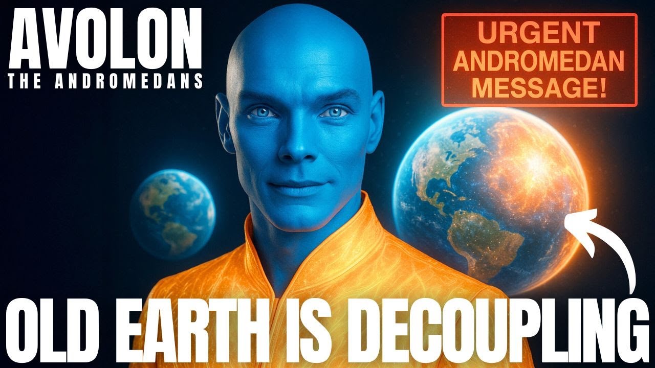 A powerful Andromedan being stands before two Earths splitting apart, symbolizing the planetary decoupling and the emergence of the New Earth timeline during the ascension shift.