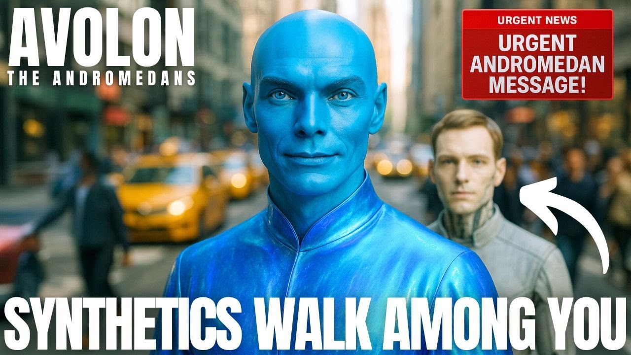 A cinematic Avolon transmission thumbnail showing a blue-skinned Andromedan being in a modern city crowd, standing calmly among unaware pedestrians. Bold white text reads “SYNTHETICS WALK AMONG YOU,” with a smaller red banner hinting at “SILENT ANDROID INVASION EXPOSED.” Neon lights, blurred traffic and skyscrapers behind him suggest New York–style streets and hidden surveillance. The image symbolizes synthetic humans, sentient-like AI and covert android programs operating inside everyday society as Andromedans warn humanity to reclaim Creator-linked sovereignty.