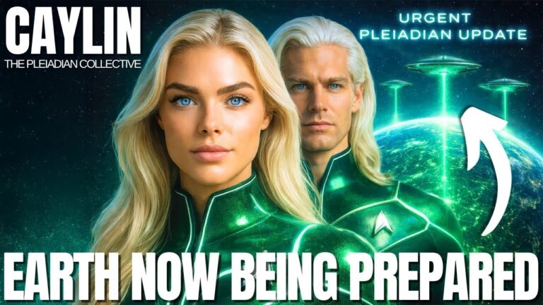 YouTube-style thumbnail showing Caylin as a blonde Pleiadian woman in a green light-suit standing beside a male Pleiadian in emerald armor, with glowing starships and energy pillars in a cosmic sky behind them. Bold text reads “Caylin” at the top and “Earth Now Being Prepared” across the bottom, signaling a transmission about Pleiadian motherships surrounding Earth, 3i Atlas, New Earth 2026, heart-chakra activation and the coming split in human timelines.