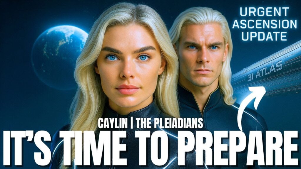 Gráfico de temática cósmica que presenta dos figuras humanoides pleyadianas, una masculina y otra femenina, de pie ante un fondo estelar con arcos planetarios. El titular en negrita y blanco dice «ES HORA DE PREPARARSE», con texto más pequeño que indica una actualización urgente sobre la ascensión relacionada con la divulgación, el primer contacto y la alineación temporal.