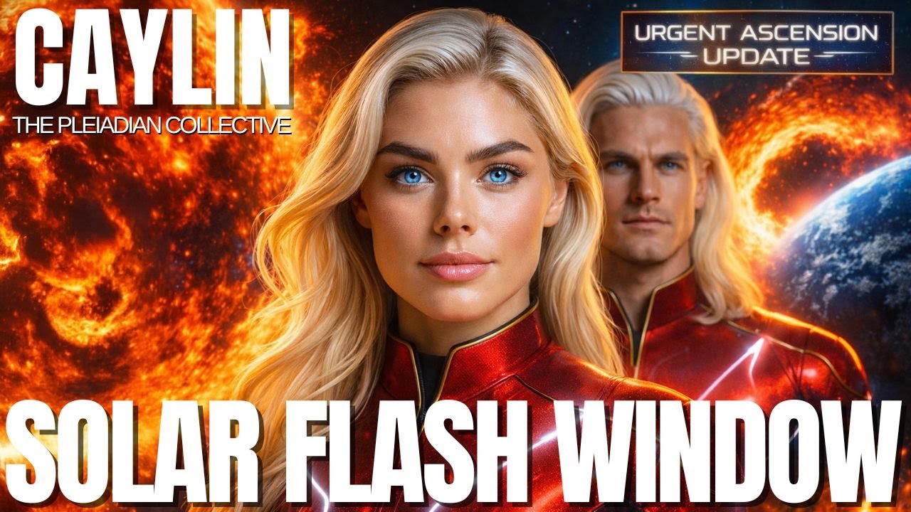 Cinematic solar flash convergence graphic showing a radiant blonde star-being in the foreground with a male counterpart behind her, surrounded by erupting solar plasma, cosmic fire, and planetary light, symbolizing the 2026 solar flash window, DNA lightbody activation, fifth-dimensional timeline shifts, and the Great Galactic Reset.