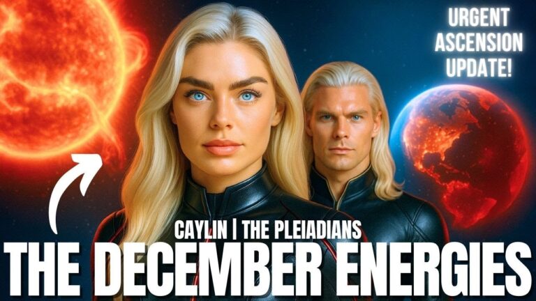 A dramatic cosmic graphic showing two Pleiadian beings standing before erupting solar flares and a glowing Earth, representing the December Ascension Energies, massive fear release, DNA activation, and humanity’s final test before the New Earth shift.