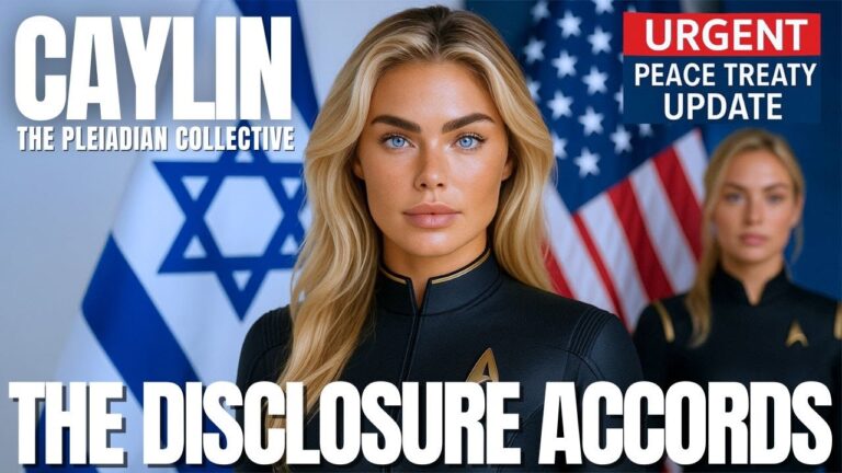 Caylin Pleiadian emissary standing before U.S. and Israeli flags with “The Disclosure Accords” headline; urgent galactic update announcing peace treaties, MedBed technology, and 3I Atlas confirmation signals activating the New Earth timeline.