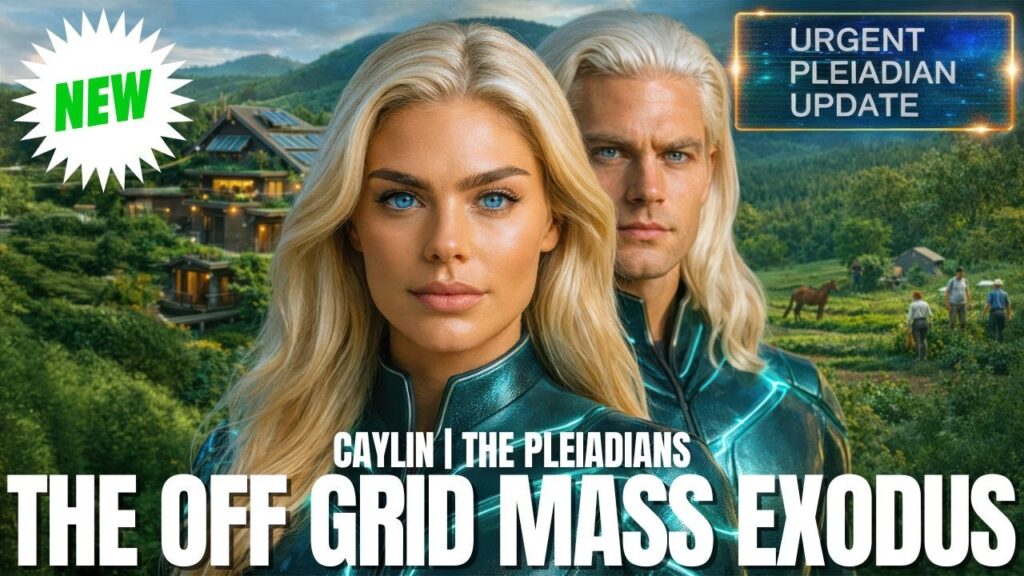 Blonde Pleiadian guide Caylin stands in front of lush green valleys, off-grid homes, and distant mountains under a bright sky, with bold text reading “THE OFF GRID MASS EXODUS,” visually signaling a New Earth migration as sensitives, starseeds, and lightworkers leave dense cities for sovereign land, homesteads, and ascension-aligned community living.